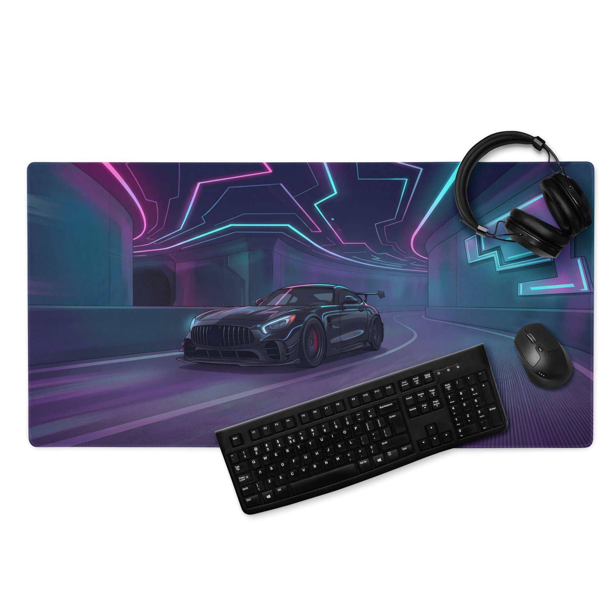 Mercedes-AMG GT Black Series Inspired Black Vaporwave Gaming Mouse Pad – Neon Cyber Tunnel Desk Mat, Futuristic Synthwave Sports Car Digital Art
