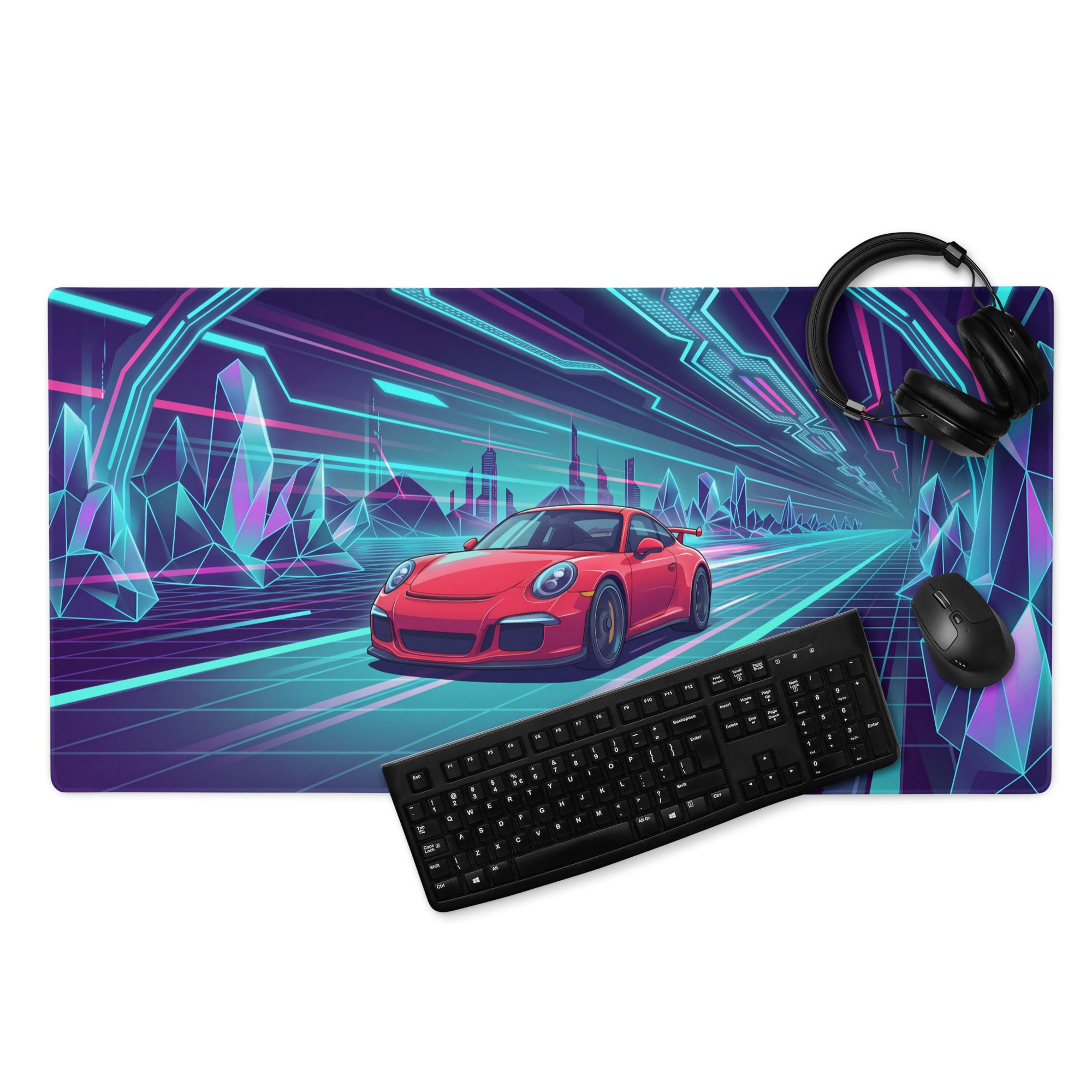 Porsche 911 GT3 Inspired Red Vaporwave Gaming Mouse Pad – Neon Crystal Cyber Tunnel Desk Mat, Retro Futuristic Synthwave Sports Car Digital Art