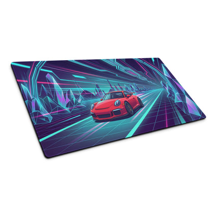 Porsche 911 GT3 Inspired Red Vaporwave Gaming Mouse Pad – Neon Crystal Cyber Tunnel Desk Mat, Retro Futuristic Synthwave Sports Car Digital Art