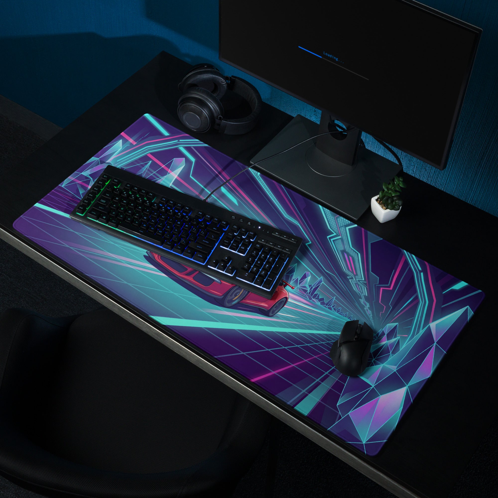 Porsche 911 GT3 Inspired Red Vaporwave Gaming Mouse Pad – Neon Crystal Cyber Tunnel Desk Mat, Retro Futuristic Synthwave Sports Car Digital Art