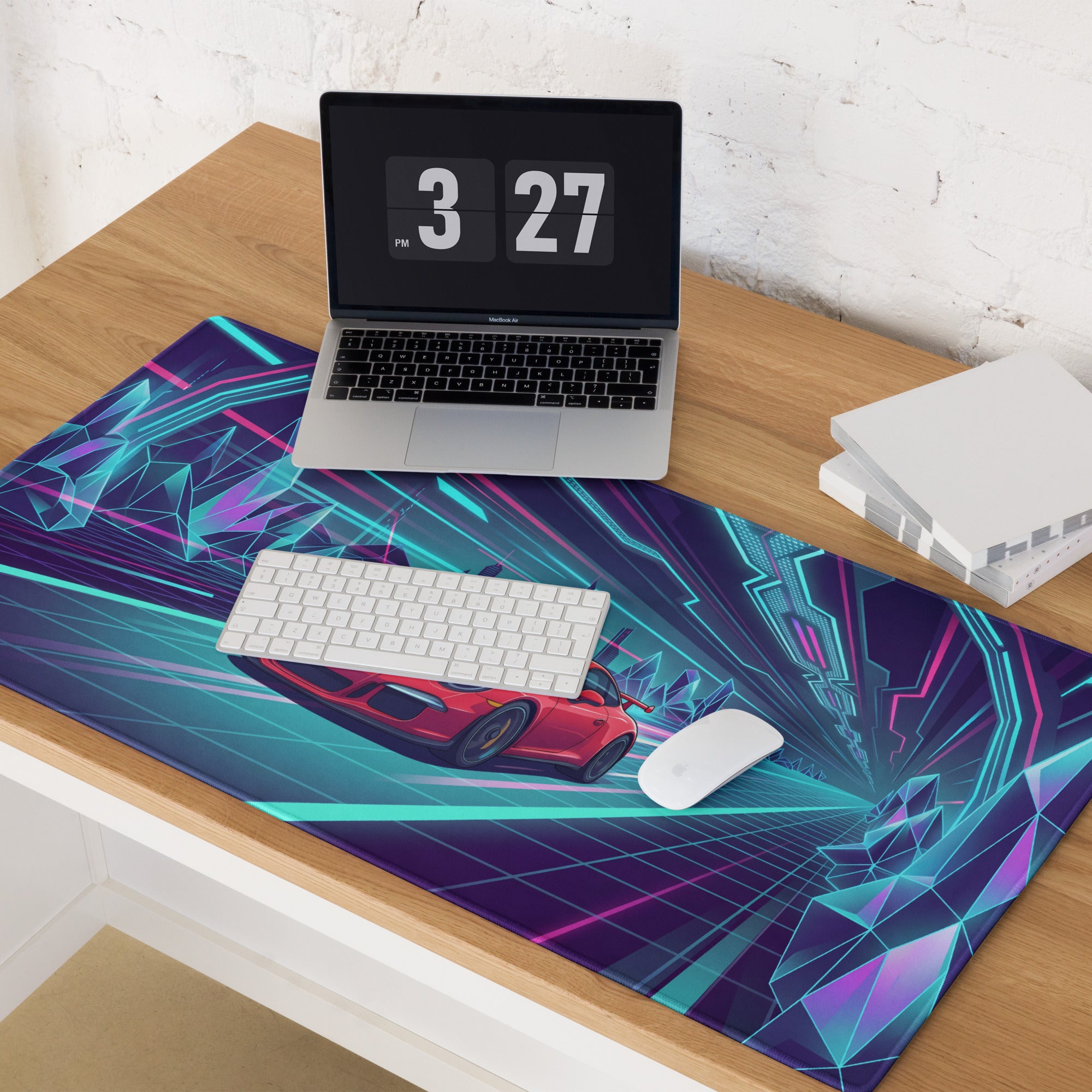 Porsche 911 GT3 Inspired Red Vaporwave Gaming Mouse Pad – Neon Crystal Cyber Tunnel Desk Mat, Retro Futuristic Synthwave Sports Car Digital Art