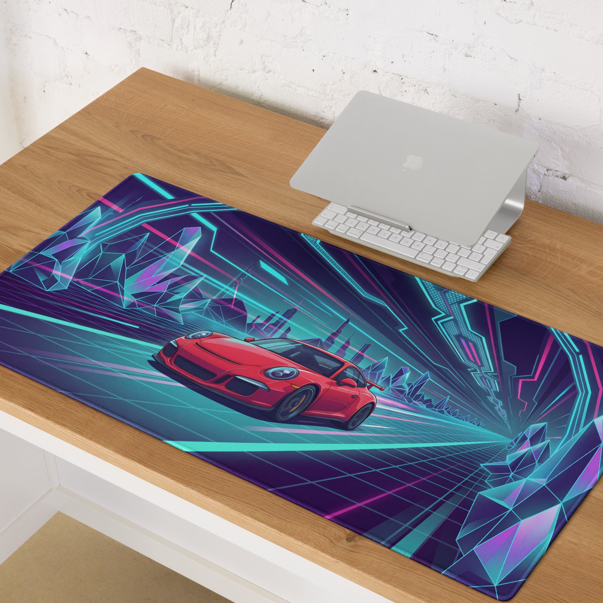 Porsche 911 GT3 Inspired Red Vaporwave Gaming Mouse Pad – Neon Crystal Cyber Tunnel Desk Mat, Retro Futuristic Synthwave Sports Car Digital Art