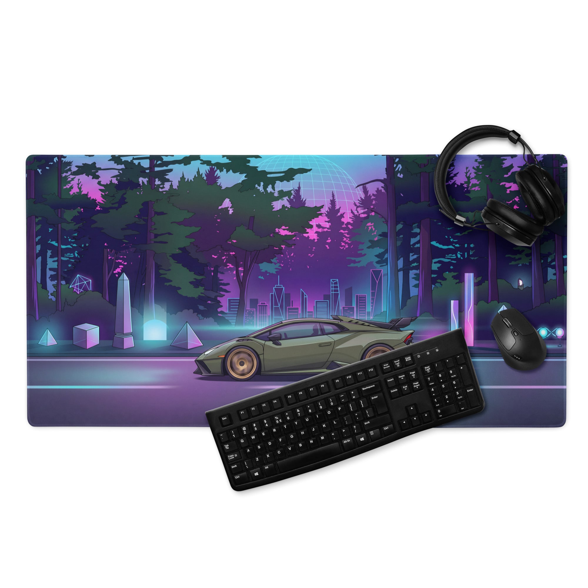 Lamborghini Huracán STO Inspired Olive Green Vaporwave Gaming Mouse Pad – Neon Forest City Desk Mat, Retro Futuristic Synthwave Supercar Digital Art