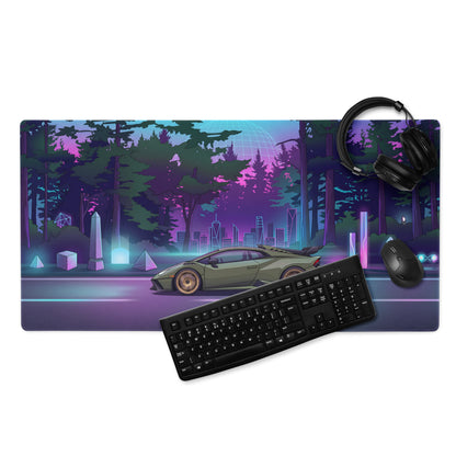 Lamborghini Huracán STO Inspired Olive Green Vaporwave Gaming Mouse Pad – Neon Forest City Desk Mat, Retro Futuristic Synthwave Supercar Digital Art