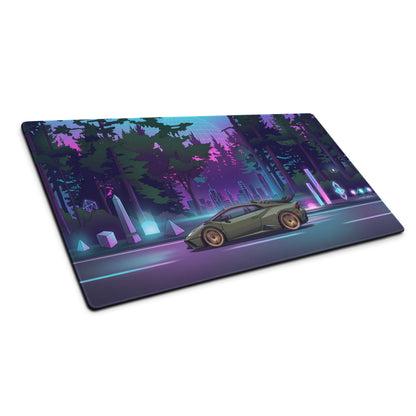 Lamborghini Huracán STO Inspired Olive Green Vaporwave Gaming Mouse Pad – Neon Forest City Desk Mat, Retro Futuristic Synthwave Supercar Digital Art