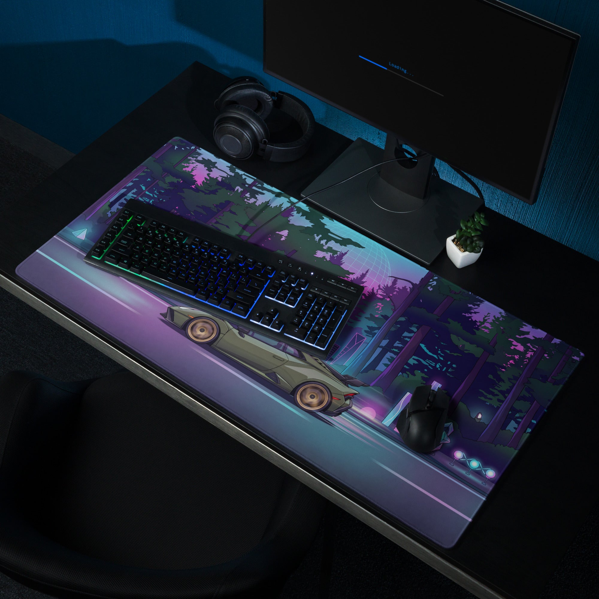 Lamborghini Huracán STO Inspired Olive Green Vaporwave Gaming Mouse Pad – Neon Forest City Desk Mat, Retro Futuristic Synthwave Supercar Digital Art