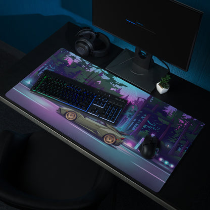 Lamborghini Huracán STO Inspired Olive Green Vaporwave Gaming Mouse Pad – Neon Forest City Desk Mat, Retro Futuristic Synthwave Supercar Digital Art