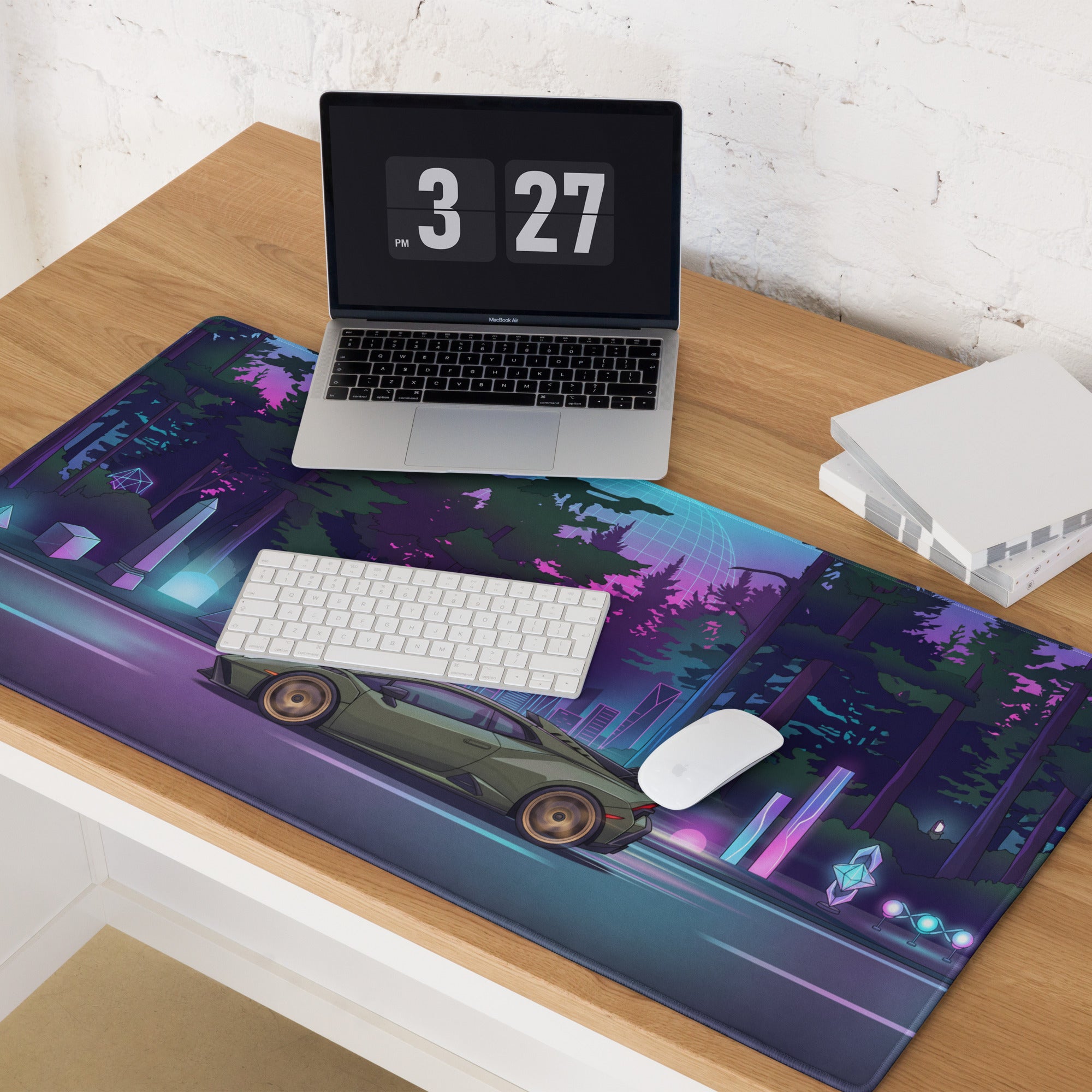 Lamborghini Huracán STO Inspired Olive Green Vaporwave Gaming Mouse Pad – Neon Forest City Desk Mat, Retro Futuristic Synthwave Supercar Digital Art