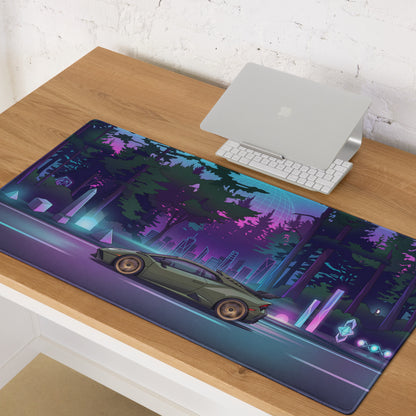 Lamborghini Huracán STO Inspired Olive Green Vaporwave Gaming Mouse Pad – Neon Forest City Desk Mat, Retro Futuristic Synthwave Supercar Digital Art