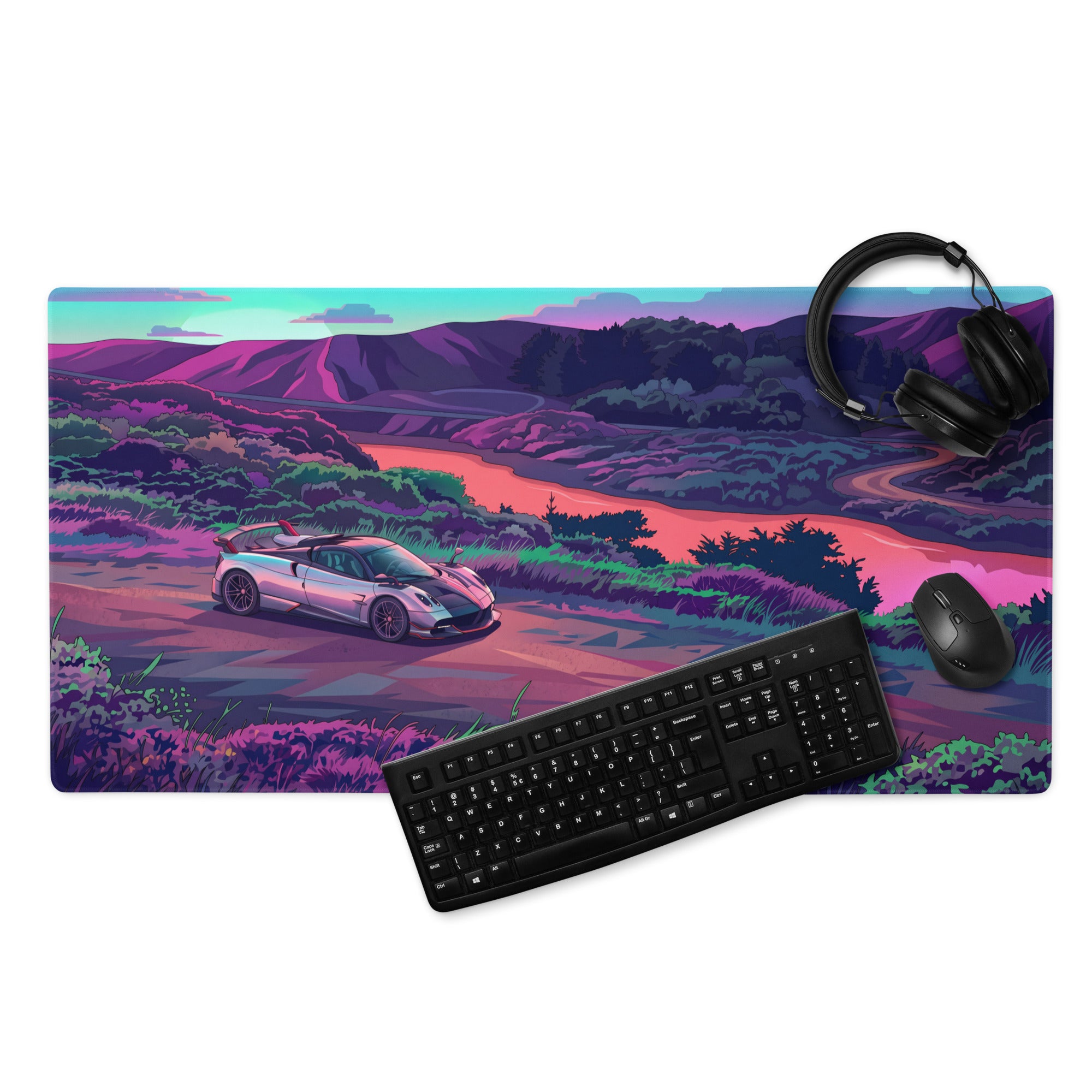 Pagani Huayra Roadster BC Inspired Silver Vaporwave Gaming Mouse Pad – Neon River Valley Desk Mat, Dreamy Retro Futuristic Hypercar Digital Art