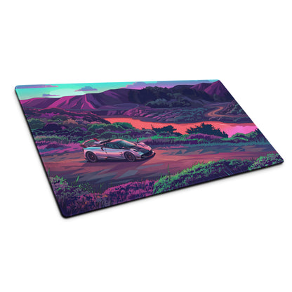 Pagani Huayra Roadster BC Inspired Silver Vaporwave Gaming Mouse Pad – Neon River Valley Desk Mat, Dreamy Retro Futuristic Hypercar Digital Art