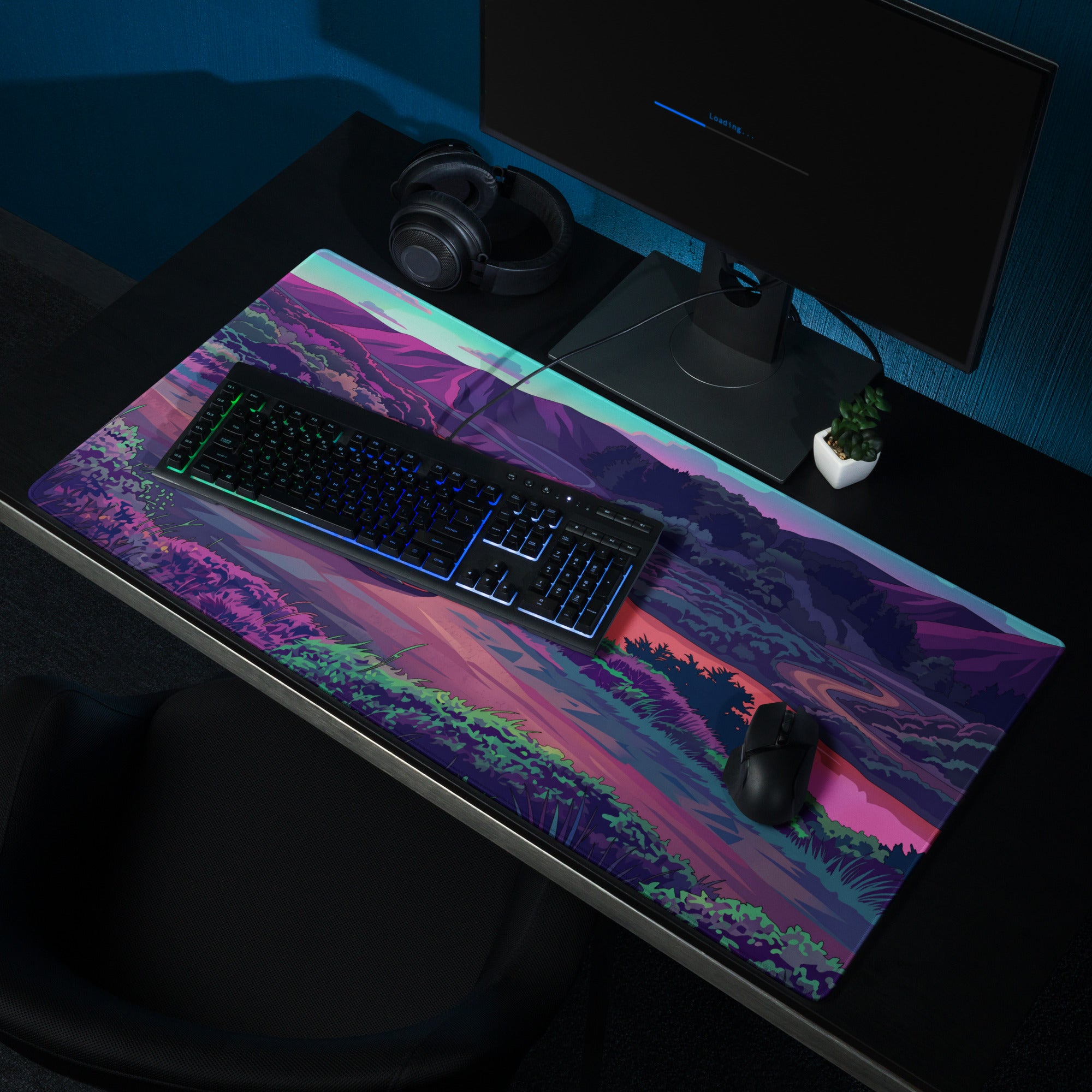 Pagani Huayra Roadster BC Inspired Silver Vaporwave Gaming Mouse Pad – Neon River Valley Desk Mat, Dreamy Retro Futuristic Hypercar Digital Art