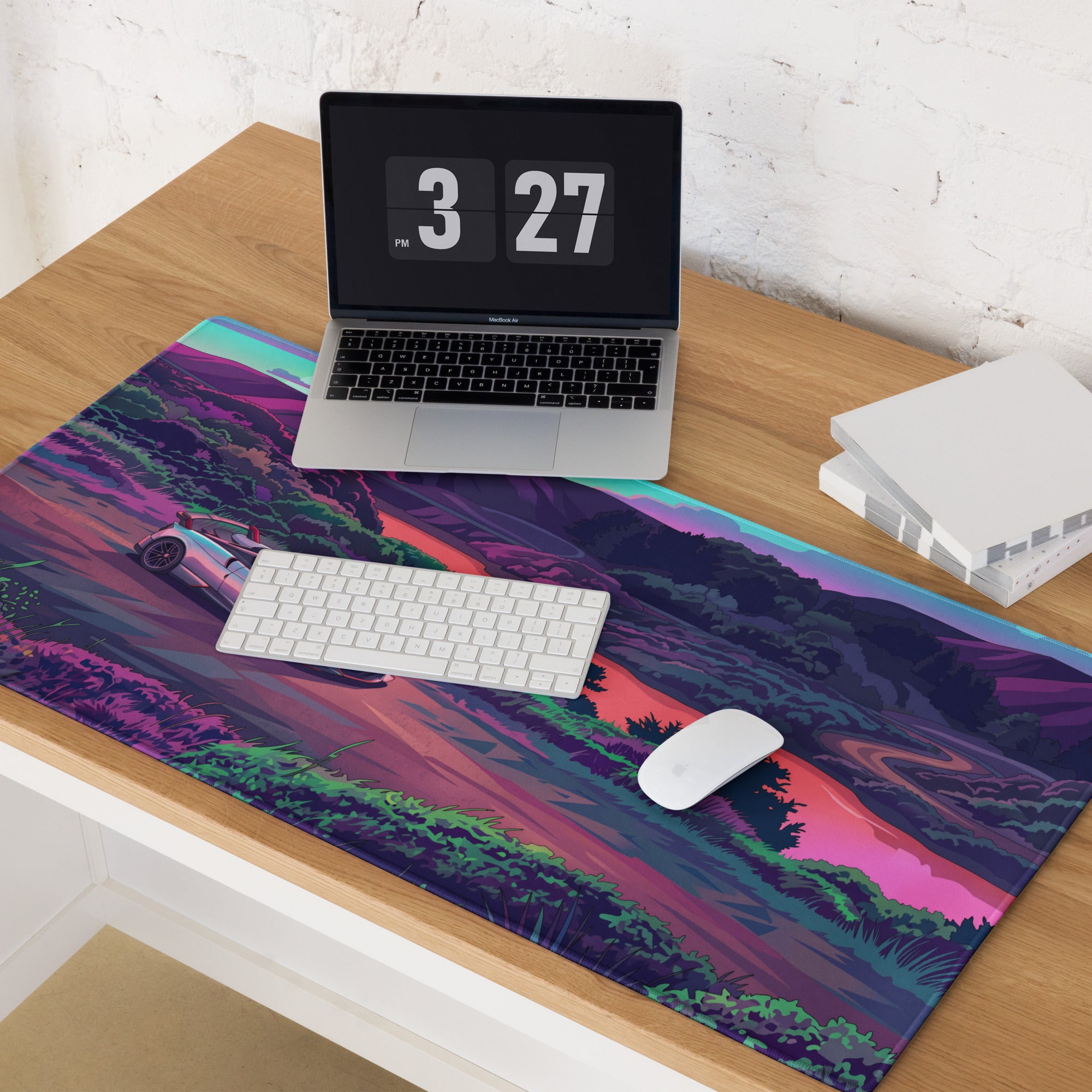 Pagani Huayra Roadster BC Inspired Silver Vaporwave Gaming Mouse Pad – Neon River Valley Desk Mat, Dreamy Retro Futuristic Hypercar Digital Art