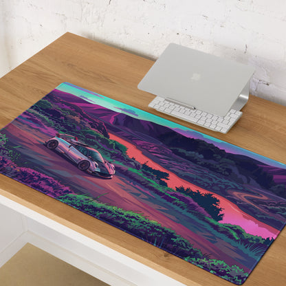 Pagani Huayra Roadster BC Inspired Silver Vaporwave Gaming Mouse Pad – Neon River Valley Desk Mat, Dreamy Retro Futuristic Hypercar Digital Art