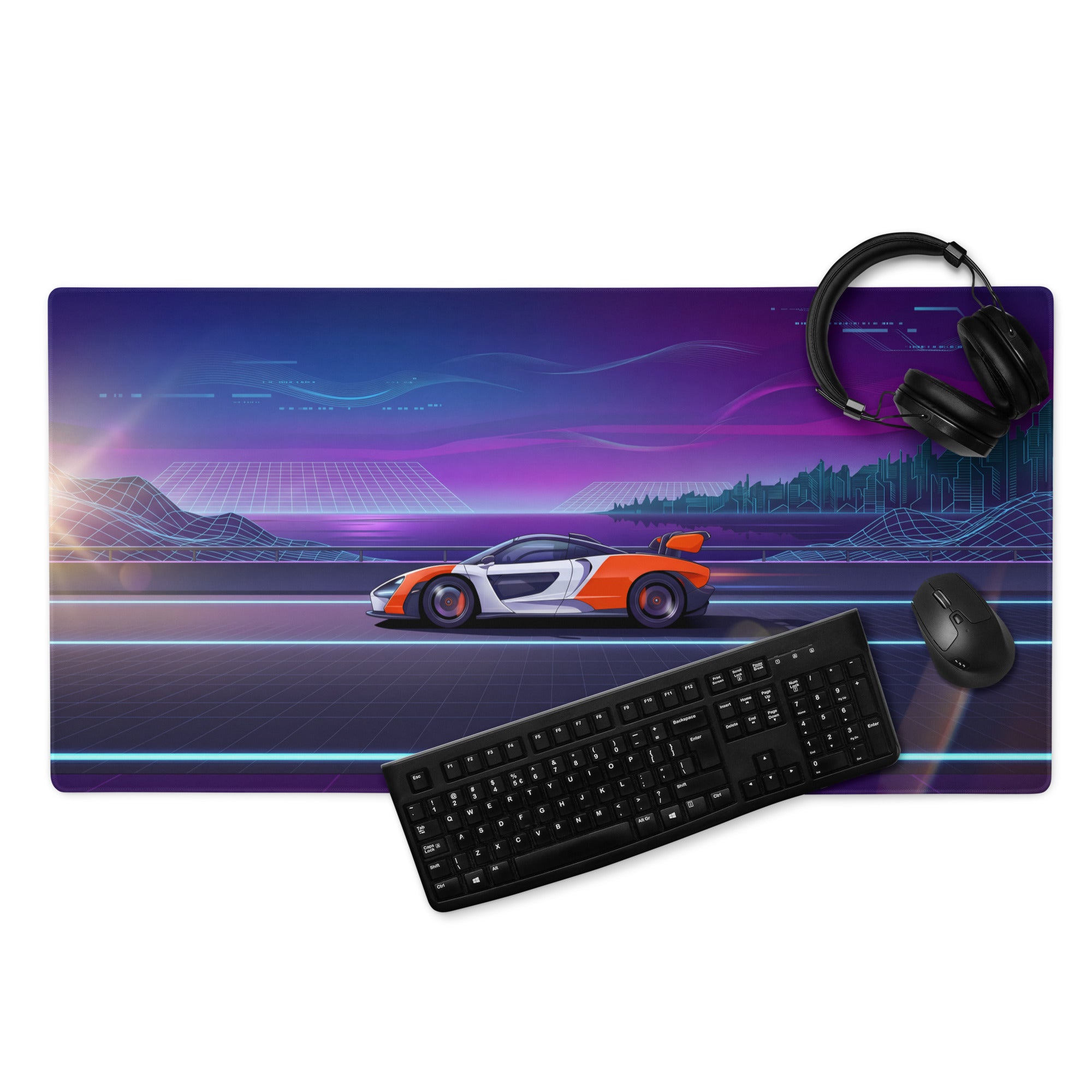 McLaren Senna Inspired Orange White Vaporwave Gaming Mouse Pad – Neon Cyber City Highway Desk Mat, Retro Futuristic Synthwave Hypercar Digital Art