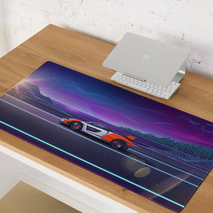 McLaren Senna Inspired Orange White Vaporwave Gaming Mouse Pad – Neon Cyber City Highway Desk Mat, Retro Futuristic Synthwave Hypercar Digital Art