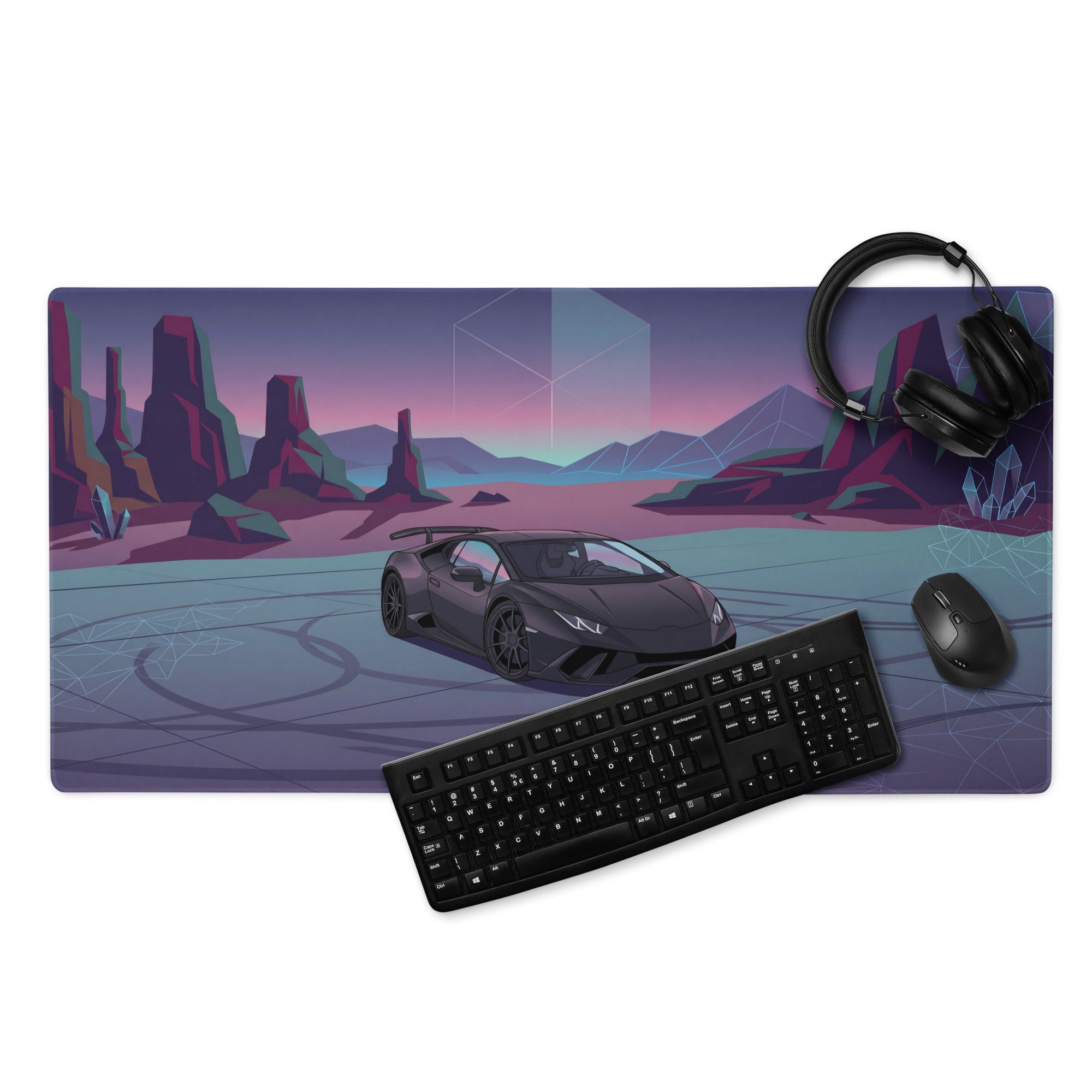 Lamborghini Huracán Performante Inspired Matte Black Vaporwave Gaming Mouse Pad – Neon Desert Crystal Desk Mat, Retro Futuristic Supercar Digital Art