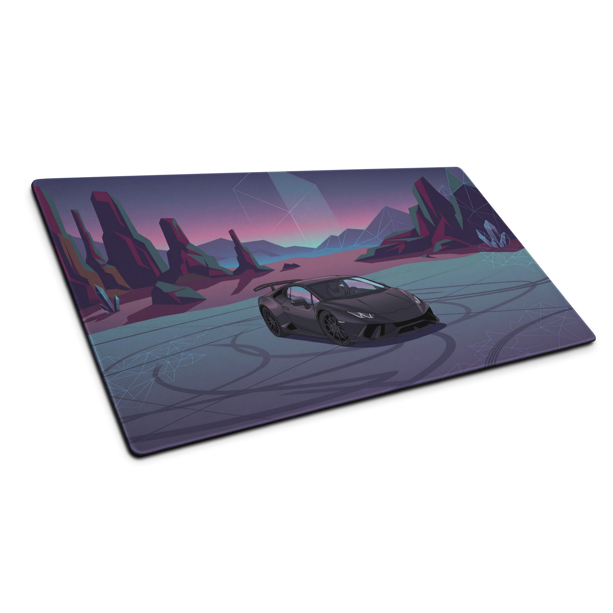 Lamborghini Huracán Performante Inspired Matte Black Vaporwave Gaming Mouse Pad – Neon Desert Crystal Desk Mat, Retro Futuristic Supercar Digital Art