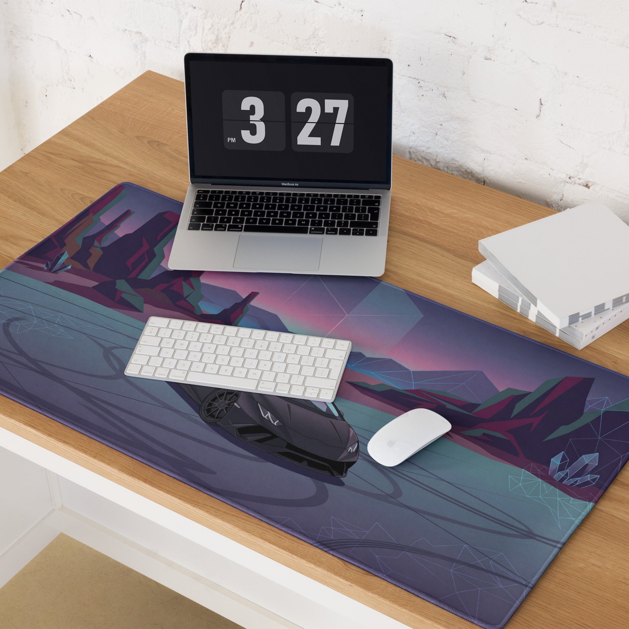 Lamborghini Huracán Performante Inspired Matte Black Vaporwave Gaming Mouse Pad – Neon Desert Crystal Desk Mat, Retro Futuristic Supercar Digital Art