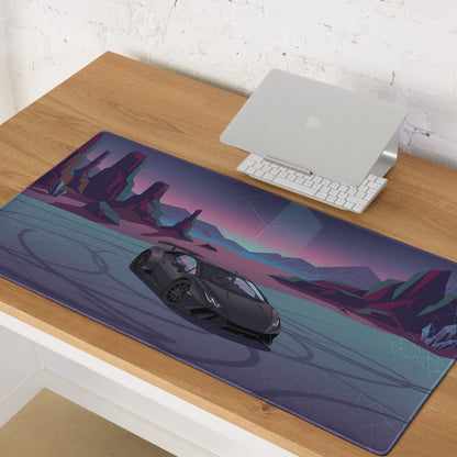 Lamborghini Huracán Performante Inspired Matte Black Vaporwave Gaming Mouse Pad – Neon Desert Crystal Desk Mat, Retro Futuristic Supercar Digital Art