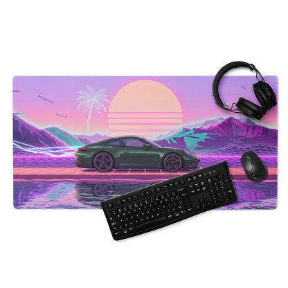 Porsche 911 GT3 Touring Inspired Forest Green Vaporwave Gaming Mouse Pad – Neon Sunset Mountain Desk Mat, Retro Futuristic Synthwave Sports Car Art
