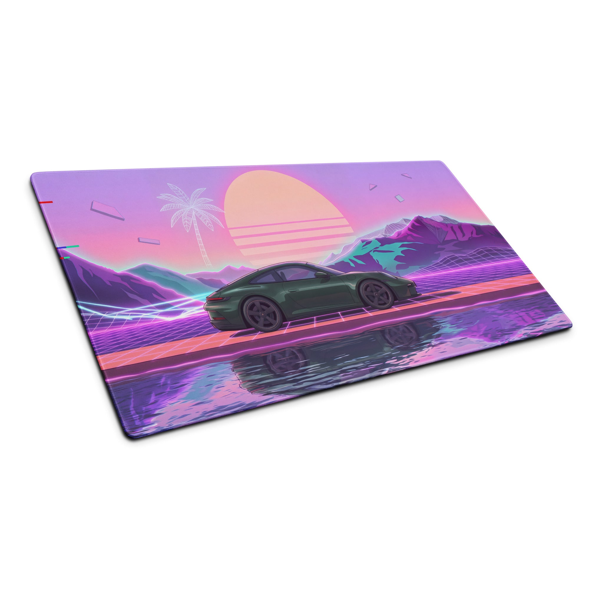 Porsche 911 GT3 Touring Inspired Forest Green Vaporwave Gaming Mouse Pad – Neon Sunset Mountain Desk Mat, Retro Futuristic Synthwave Sports Car Art