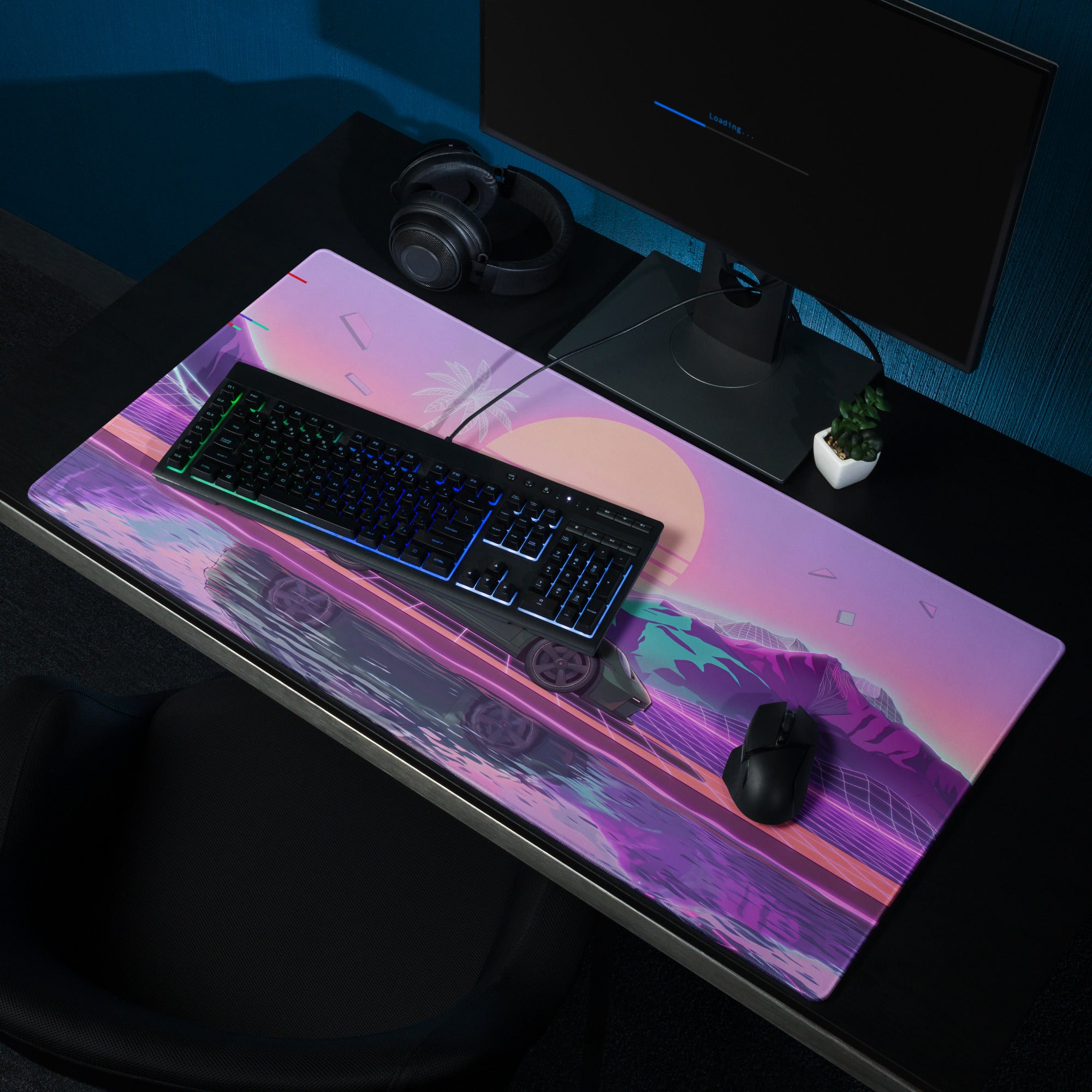 Porsche 911 GT3 Touring Inspired Forest Green Vaporwave Gaming Mouse Pad – Neon Sunset Mountain Desk Mat, Retro Futuristic Synthwave Sports Car Art
