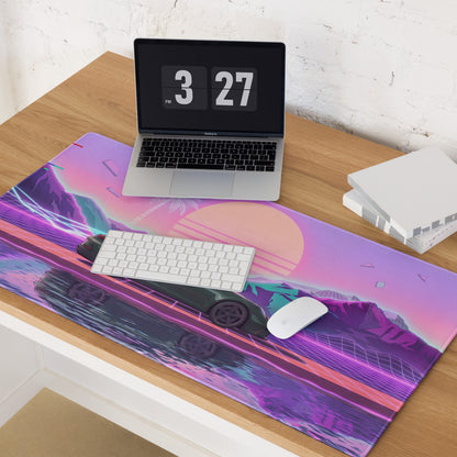 Porsche 911 GT3 Touring Inspired Forest Green Vaporwave Gaming Mouse Pad – Neon Sunset Mountain Desk Mat, Retro Futuristic Synthwave Sports Car Art