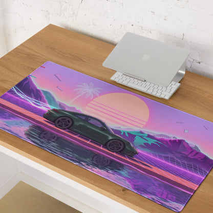 Porsche 911 GT3 Touring Inspired Forest Green Vaporwave Gaming Mouse Pad – Neon Sunset Mountain Desk Mat, Retro Futuristic Synthwave Sports Car Art