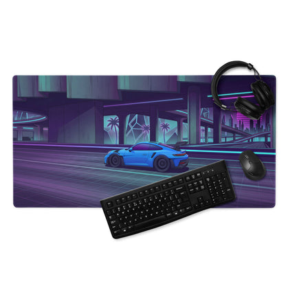 Porsche 911 GT3 RS Inspired Electric Blue Vaporwave Gaming Mouse Pad – Neon Cyber City Highway Desk Mat, Retro Futuristic Synthwave Sports Car Art
