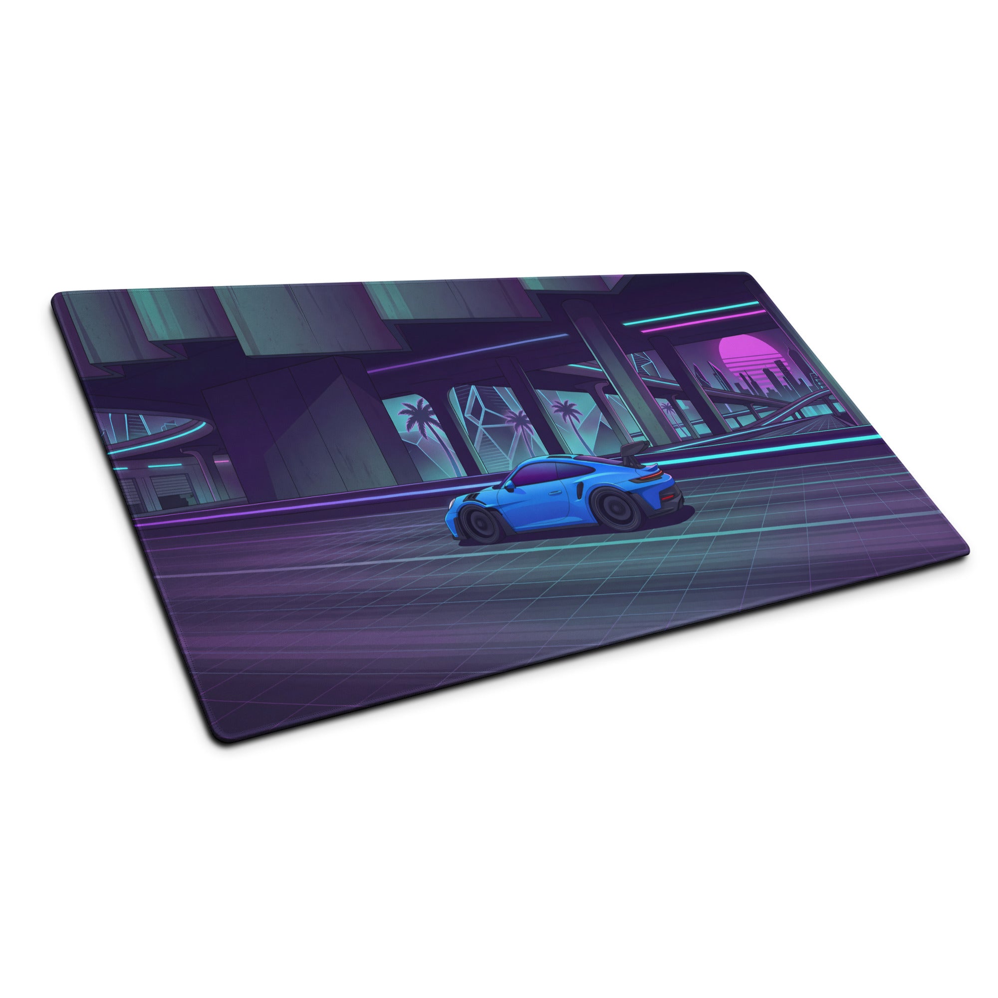 Porsche 911 GT3 RS Inspired Electric Blue Vaporwave Gaming Mouse Pad – Neon Cyber City Highway Desk Mat, Retro Futuristic Synthwave Sports Car Art