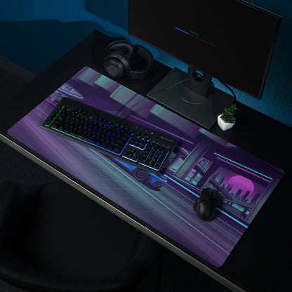 Porsche 911 GT3 RS Inspired Electric Blue Vaporwave Gaming Mouse Pad – Neon Cyber City Highway Desk Mat, Retro Futuristic Synthwave Sports Car Art