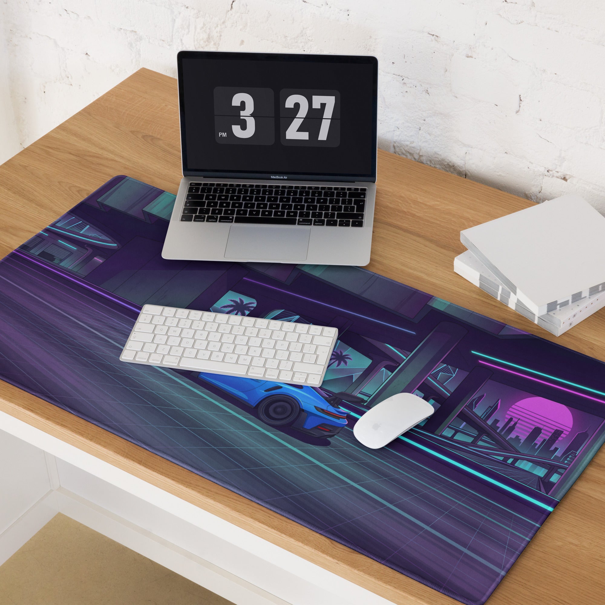 Porsche 911 GT3 RS Inspired Electric Blue Vaporwave Gaming Mouse Pad – Neon Cyber City Highway Desk Mat, Retro Futuristic Synthwave Sports Car Art