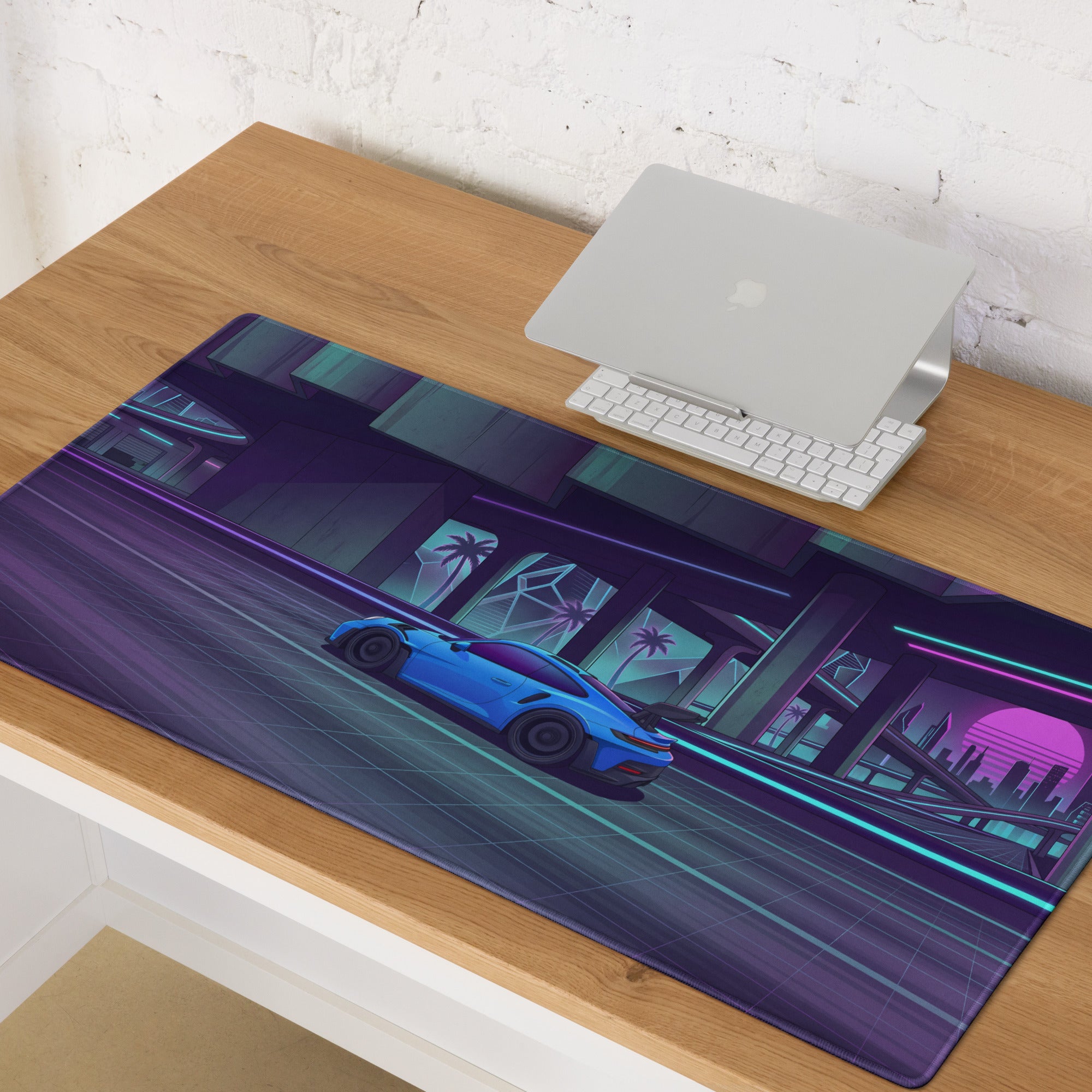 Porsche 911 GT3 RS Inspired Electric Blue Vaporwave Gaming Mouse Pad – Neon Cyber City Highway Desk Mat, Retro Futuristic Synthwave Sports Car Art