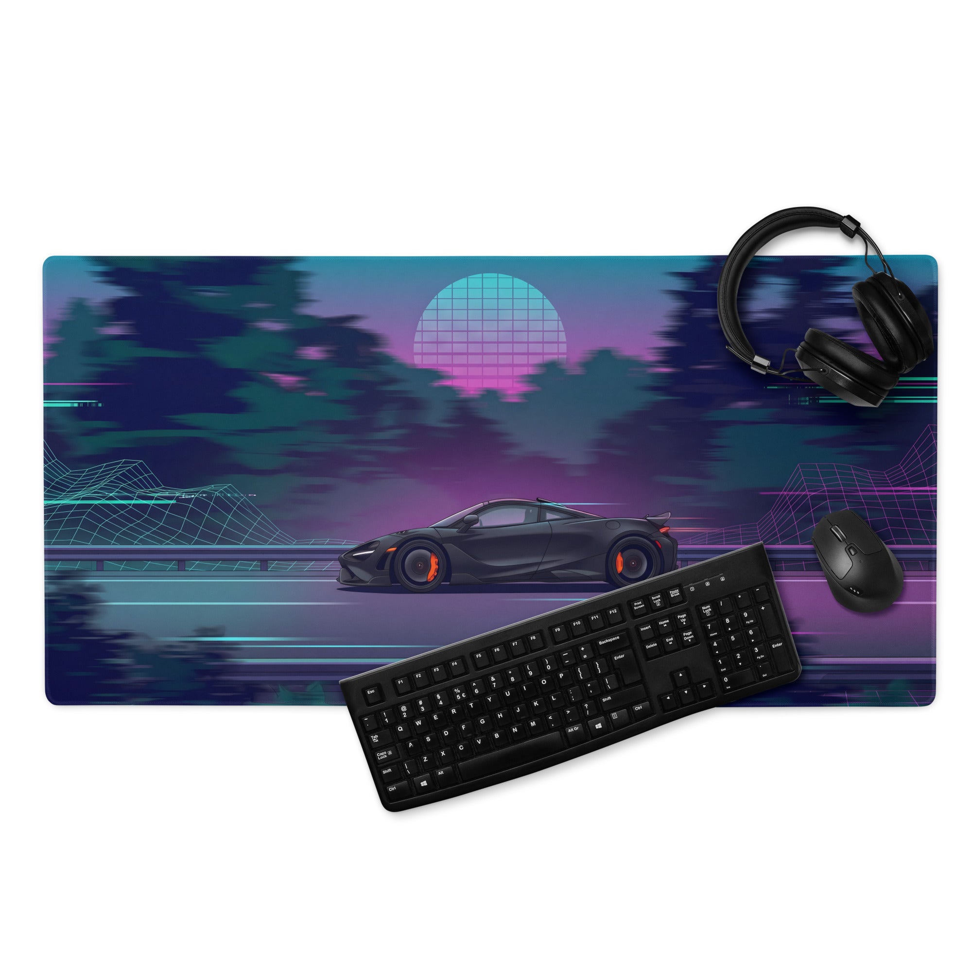McLaren 765LT Inspired Matte Black Vaporwave Gaming Mouse Pad – Neon Forest Highway Desk Mat, Retro Futuristic Synthwave Supercar Digital Art
