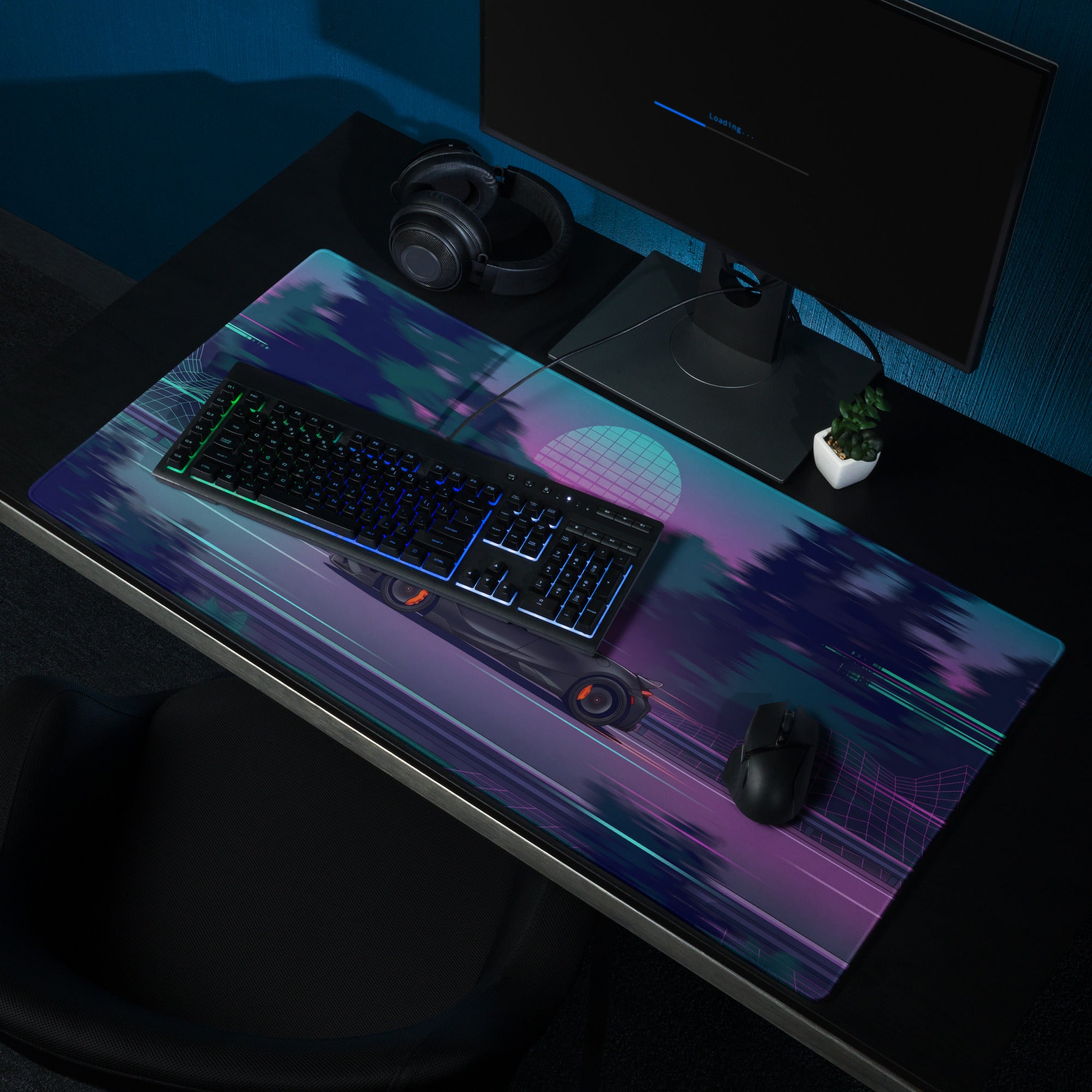 McLaren 765LT Inspired Matte Black Vaporwave Gaming Mouse Pad – Neon Forest Highway Desk Mat, Retro Futuristic Synthwave Supercar Digital Art