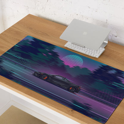 McLaren 765LT Inspired Matte Black Vaporwave Gaming Mouse Pad – Neon Forest Highway Desk Mat, Retro Futuristic Synthwave Supercar Digital Art