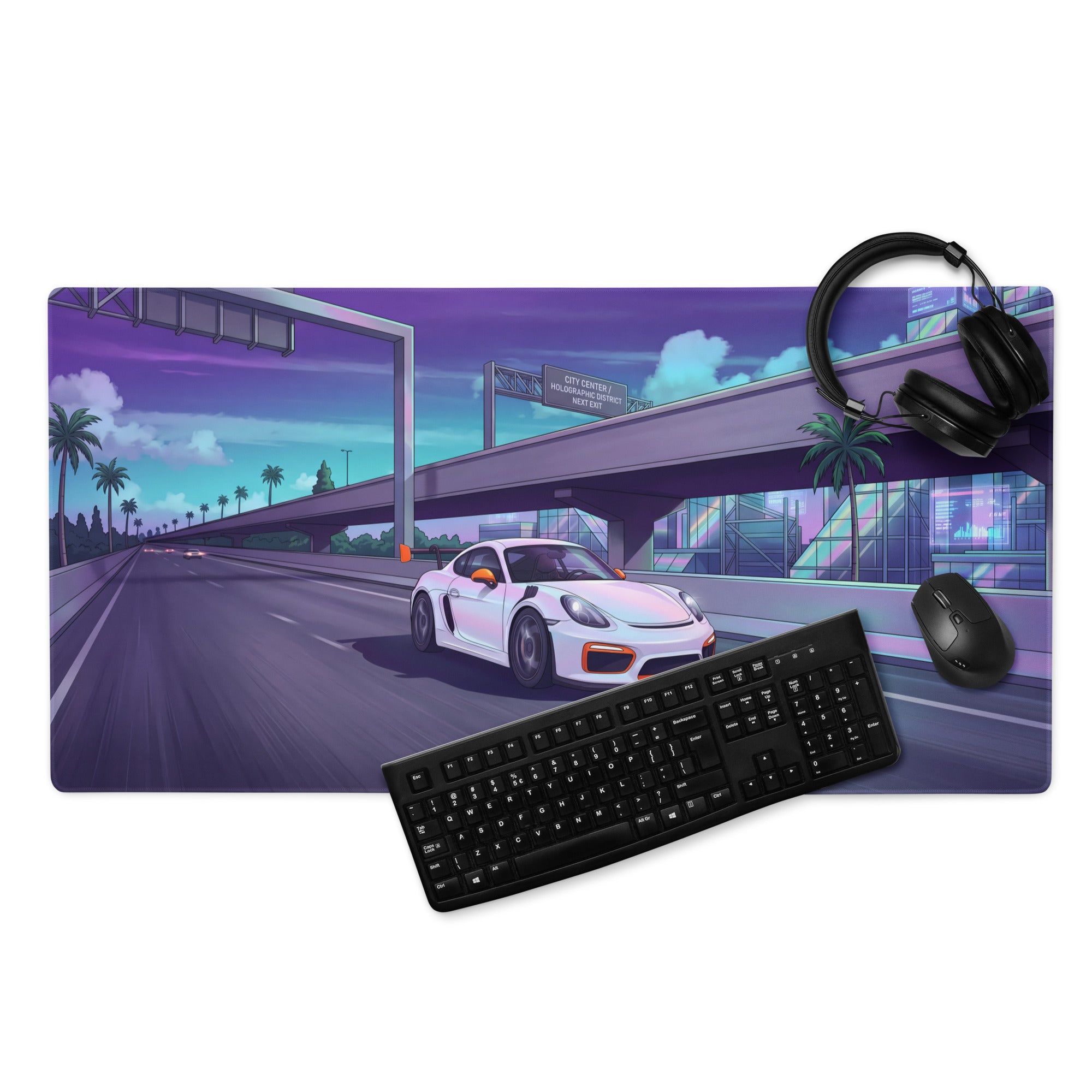 Porsche 718 Cayman GT4 RS Inspired White Vaporwave Gaming Mouse Pad – Neon Palm City Highway Desk Mat, Retro Futuristic Sports Car Digital Art