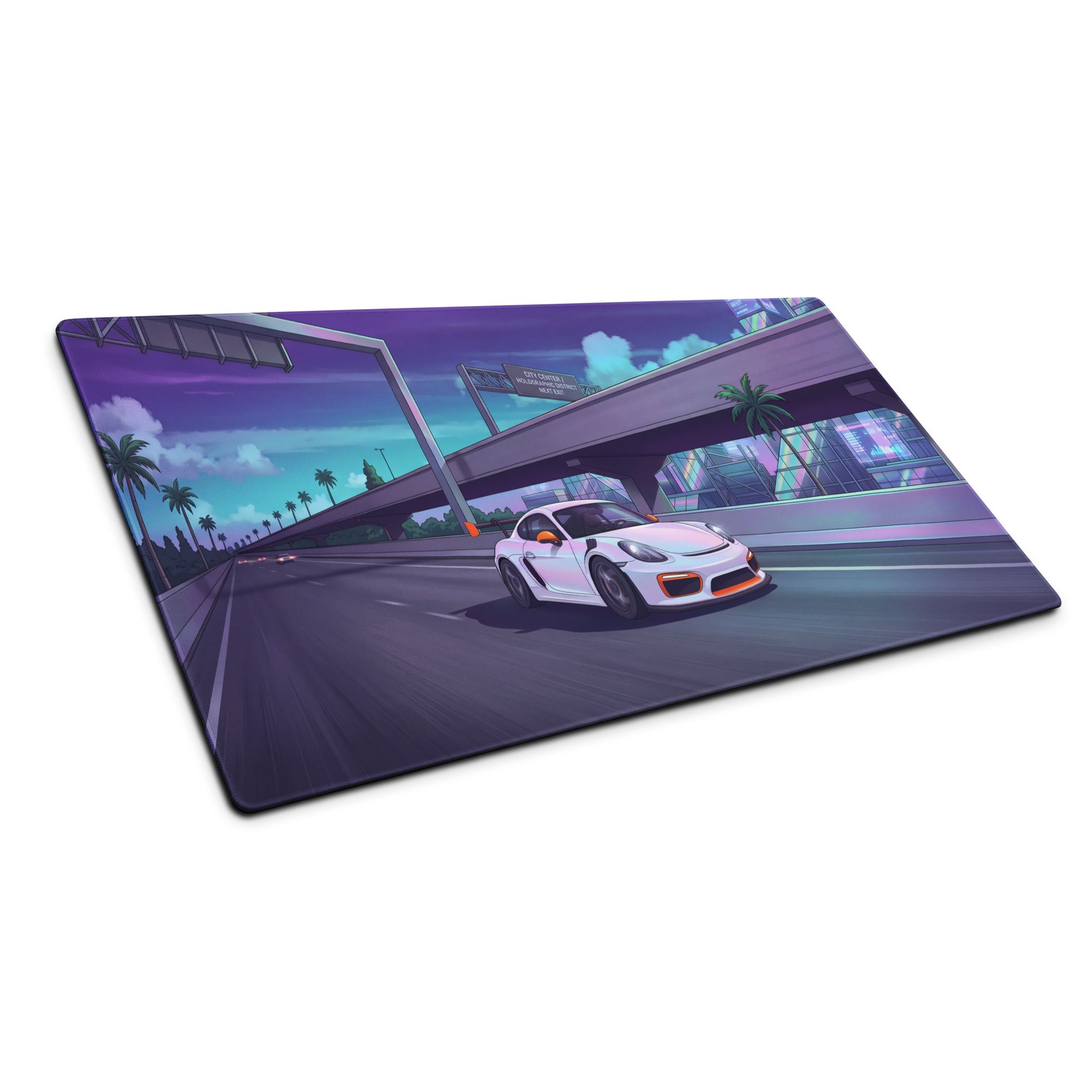 Porsche 718 Cayman GT4 RS Inspired White Vaporwave Gaming Mouse Pad – Neon Palm City Highway Desk Mat, Retro Futuristic Sports Car Digital Art