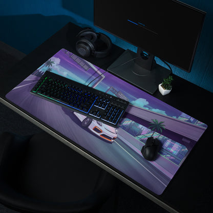 Porsche 718 Cayman GT4 RS Inspired White Vaporwave Gaming Mouse Pad – Neon Palm City Highway Desk Mat, Retro Futuristic Sports Car Digital Art