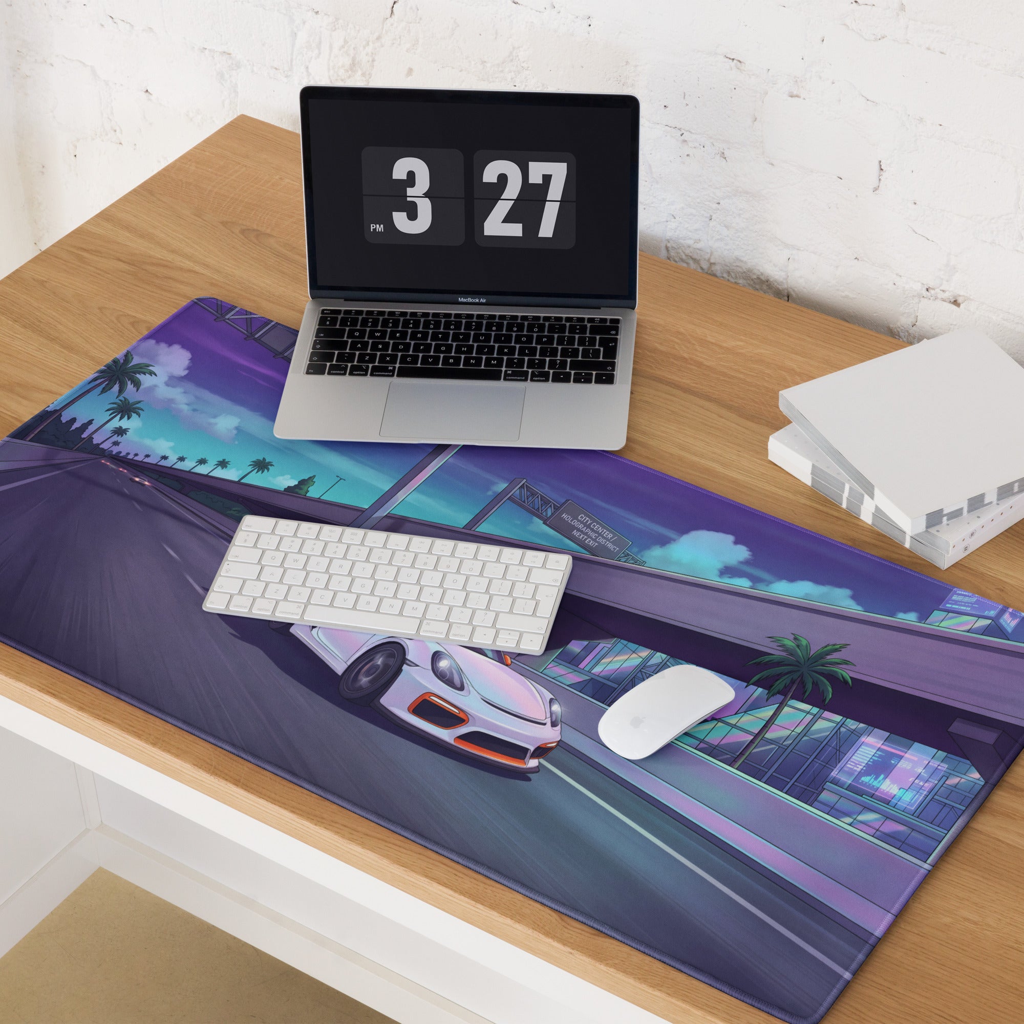 Porsche 718 Cayman GT4 RS Inspired White Vaporwave Gaming Mouse Pad – Neon Palm City Highway Desk Mat, Retro Futuristic Sports Car Digital Art