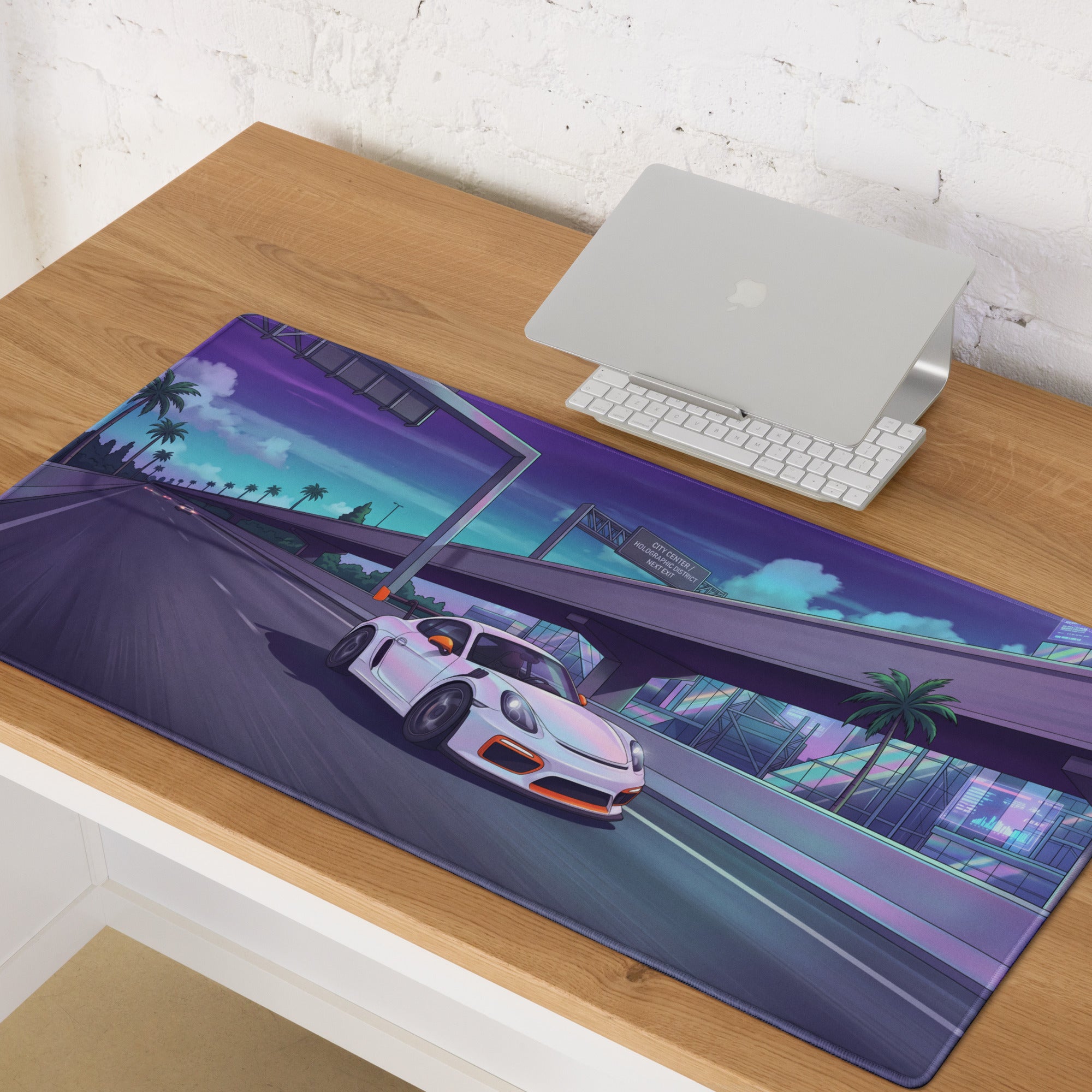 Porsche 718 Cayman GT4 RS Inspired White Vaporwave Gaming Mouse Pad – Neon Palm City Highway Desk Mat, Retro Futuristic Sports Car Digital Art