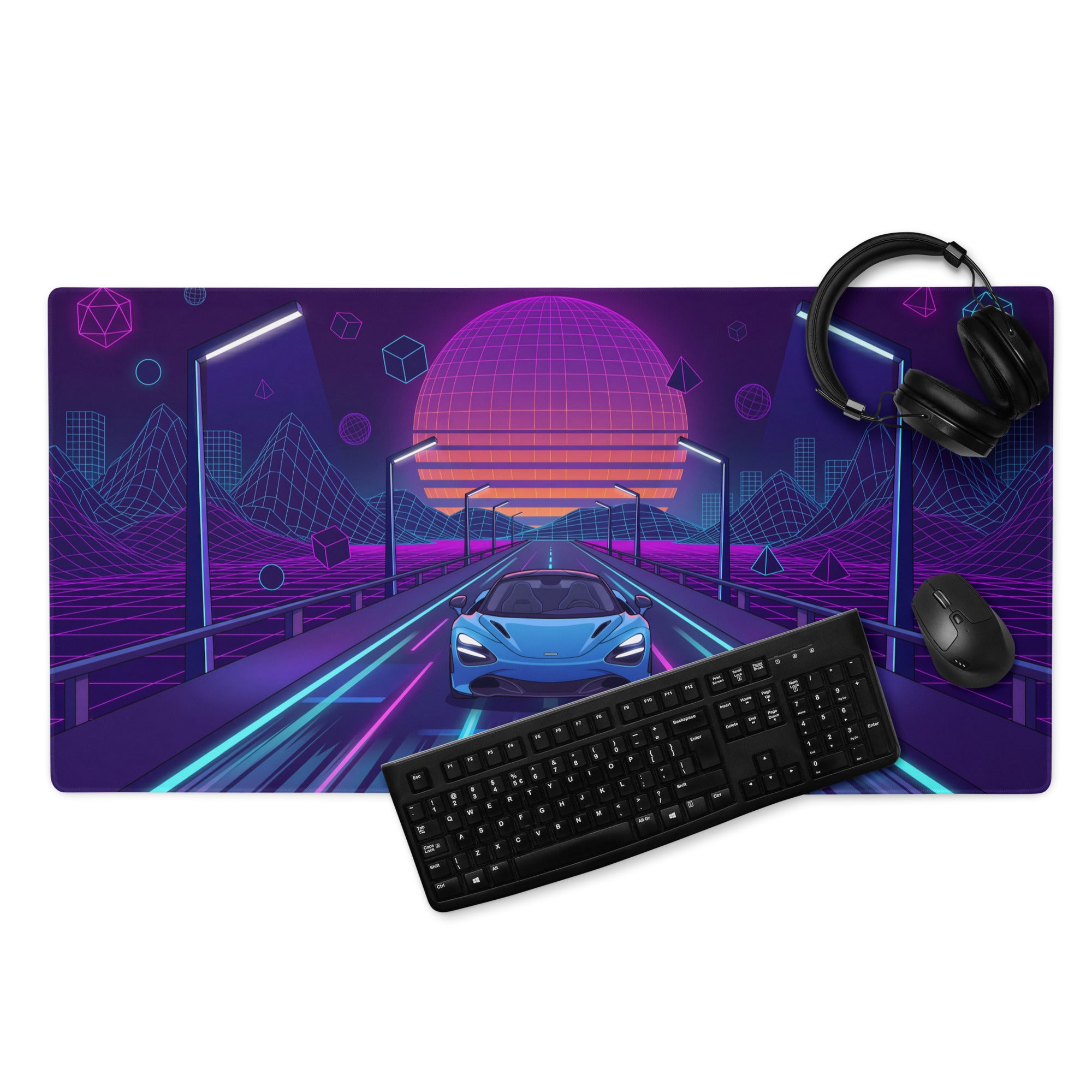 McLaren 720S Spider Inspired Blue Vaporwave Gaming Mouse Pad – Neon Grid Highway Desk Mat, Retro Futuristic Synthwave Supercar Digital Art