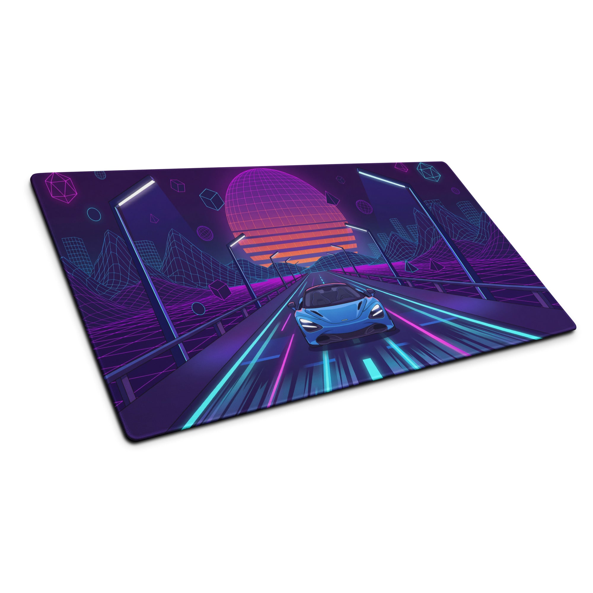 McLaren 720S Spider Inspired Blue Vaporwave Gaming Mouse Pad – Neon Grid Highway Desk Mat, Retro Futuristic Synthwave Supercar Digital Art