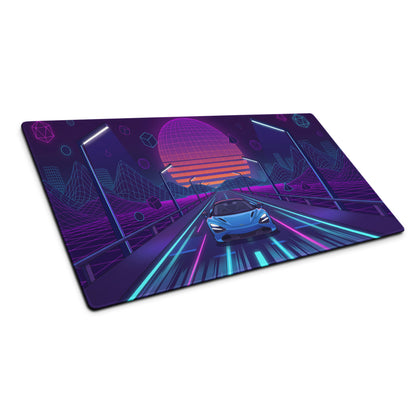 McLaren 720S Spider Inspired Blue Vaporwave Gaming Mouse Pad – Neon Grid Highway Desk Mat, Retro Futuristic Synthwave Supercar Digital Art