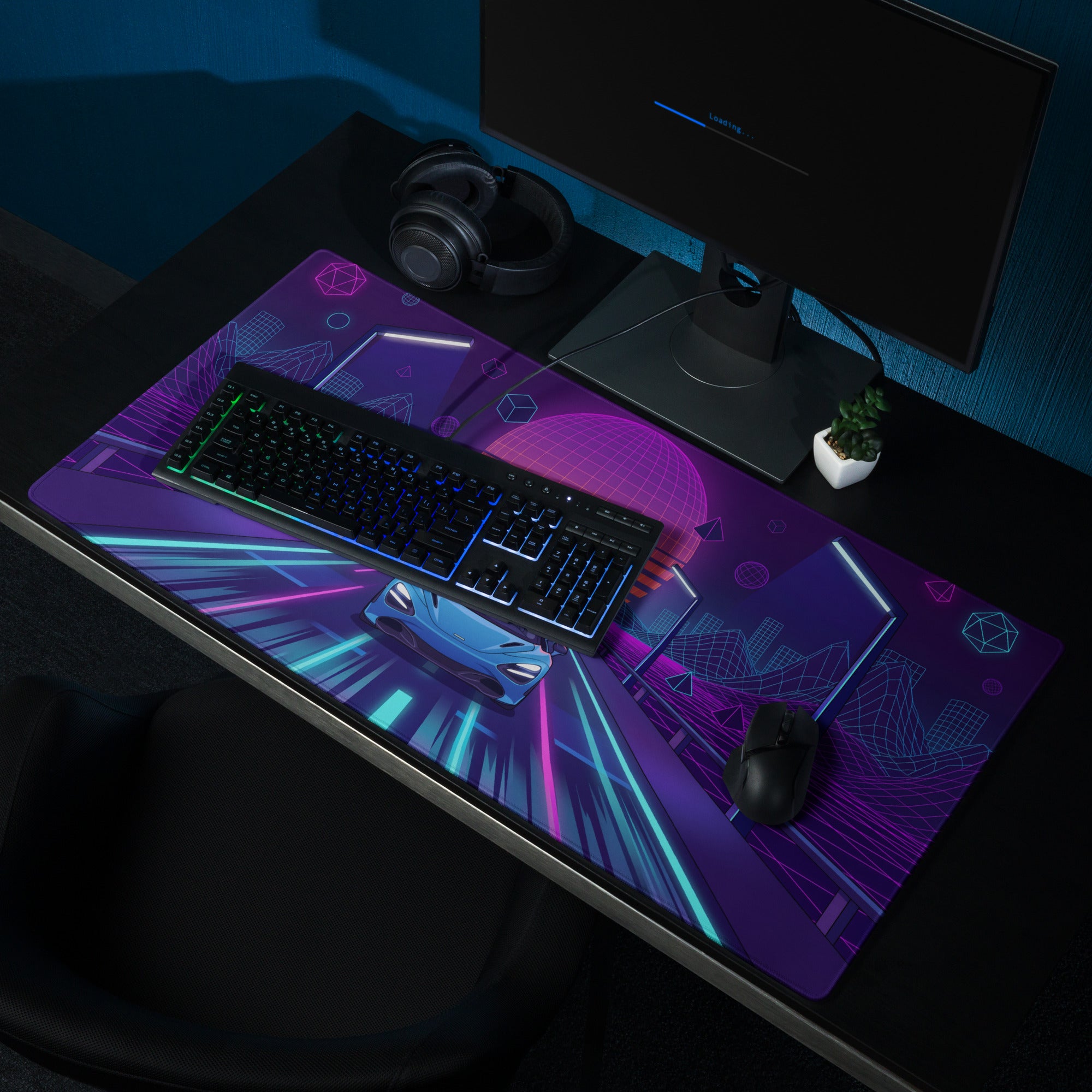 McLaren 720S Spider Inspired Blue Vaporwave Gaming Mouse Pad – Neon Grid Highway Desk Mat, Retro Futuristic Synthwave Supercar Digital Art