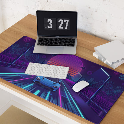 McLaren 720S Spider Inspired Blue Vaporwave Gaming Mouse Pad – Neon Grid Highway Desk Mat, Retro Futuristic Synthwave Supercar Digital Art