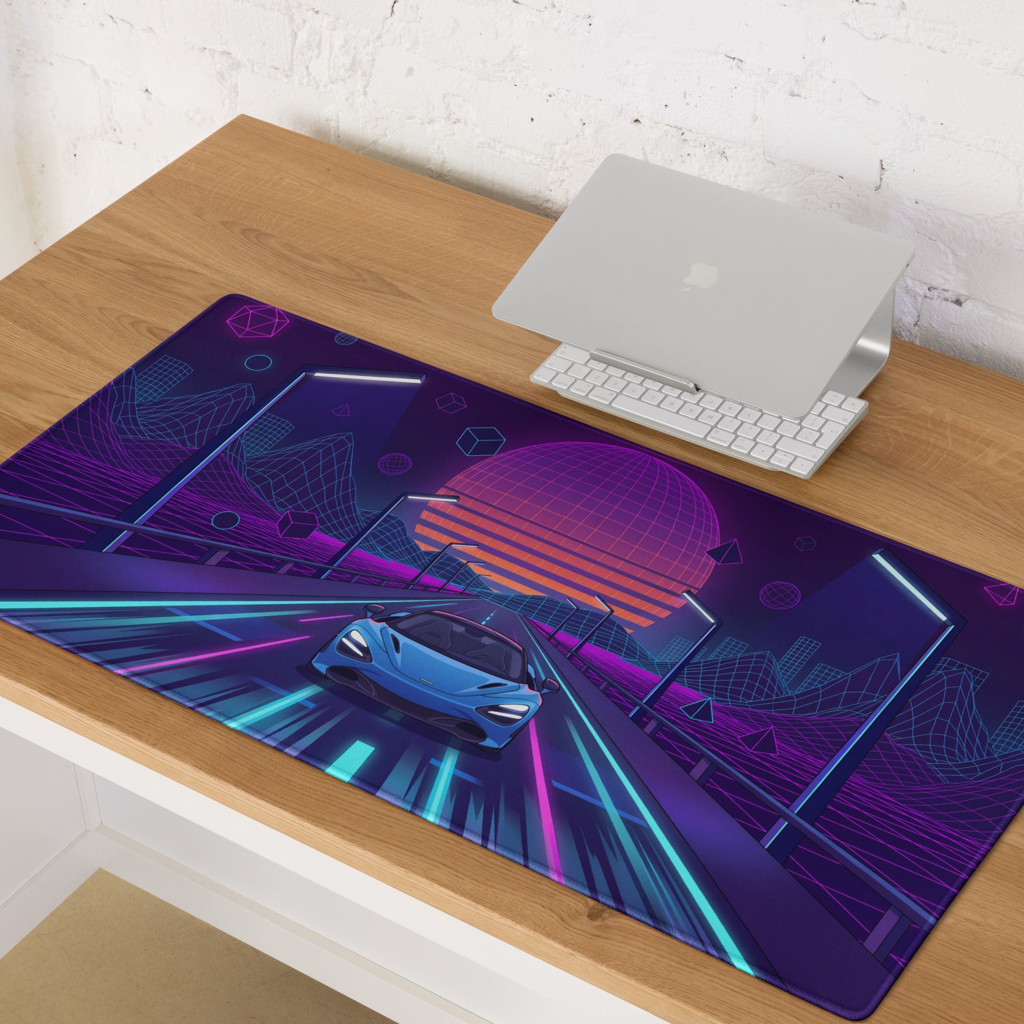 McLaren 720S Spider Inspired Blue Vaporwave Gaming Mouse Pad – Neon Grid Highway Desk Mat, Retro Futuristic Synthwave Supercar Digital Art