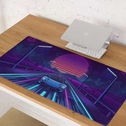 McLaren 720S Spider Inspired Blue Vaporwave Gaming Mouse Pad – Neon Grid Highway Desk Mat, Retro Futuristic Synthwave Supercar Digital Art