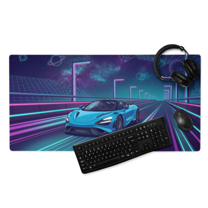 McLaren 765LT Inspired Cyan Blue Vaporwave Gaming Mouse Pad – Neon Cosmic Highway Desk Mat, Retro Futuristic Synthwave Supercar Digital Art